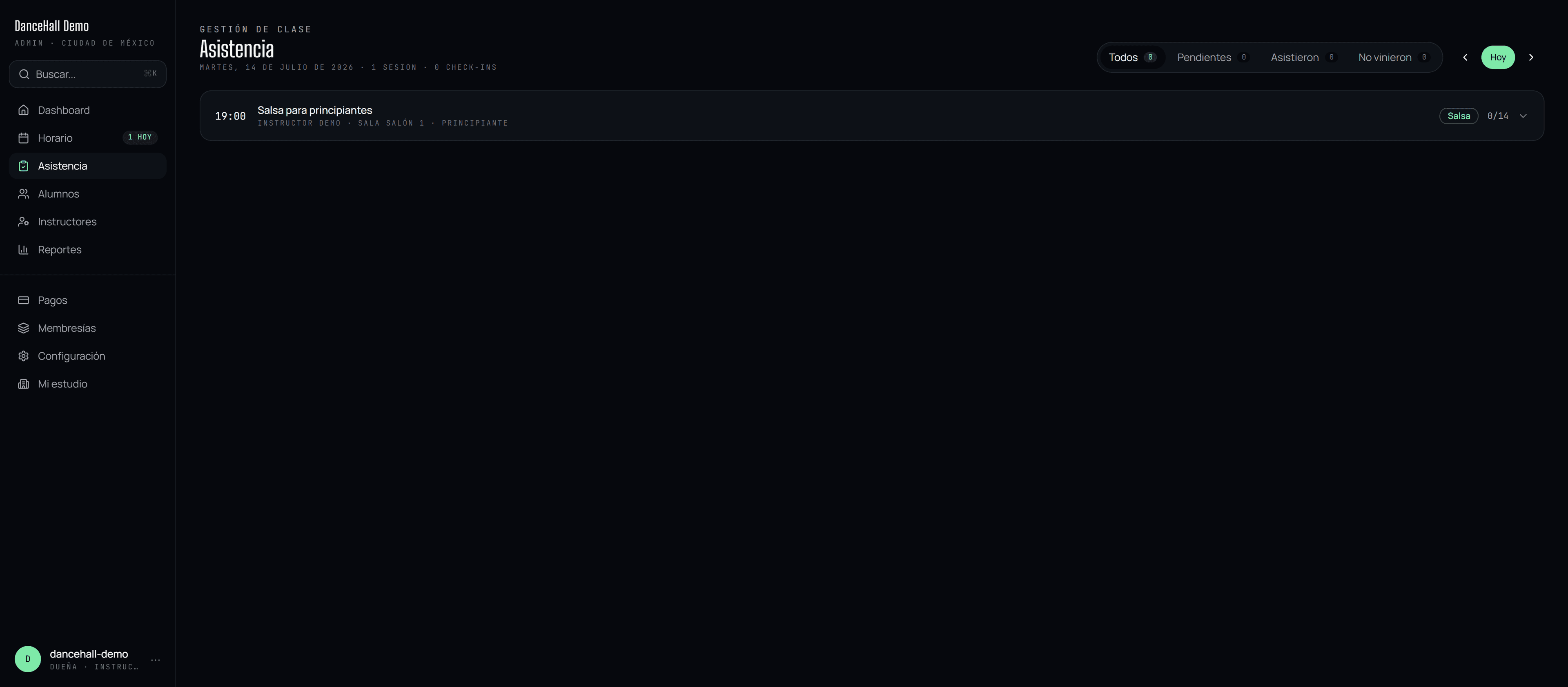 Panel de asistencia y check-ins de DanceHall