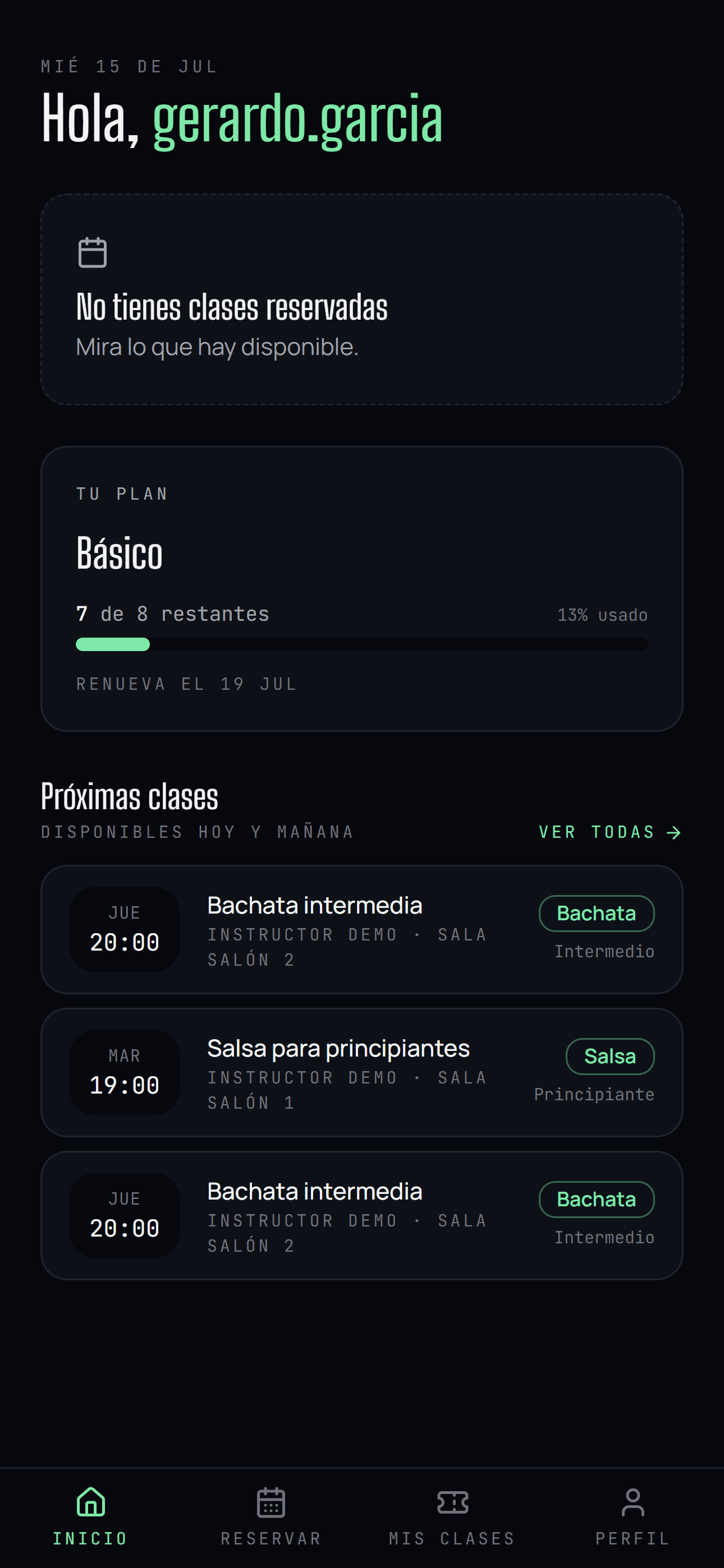 Inicio de la app de alumno