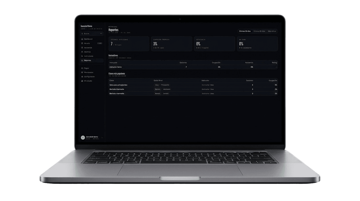 Reportes del estudio en DanceHall en una laptop