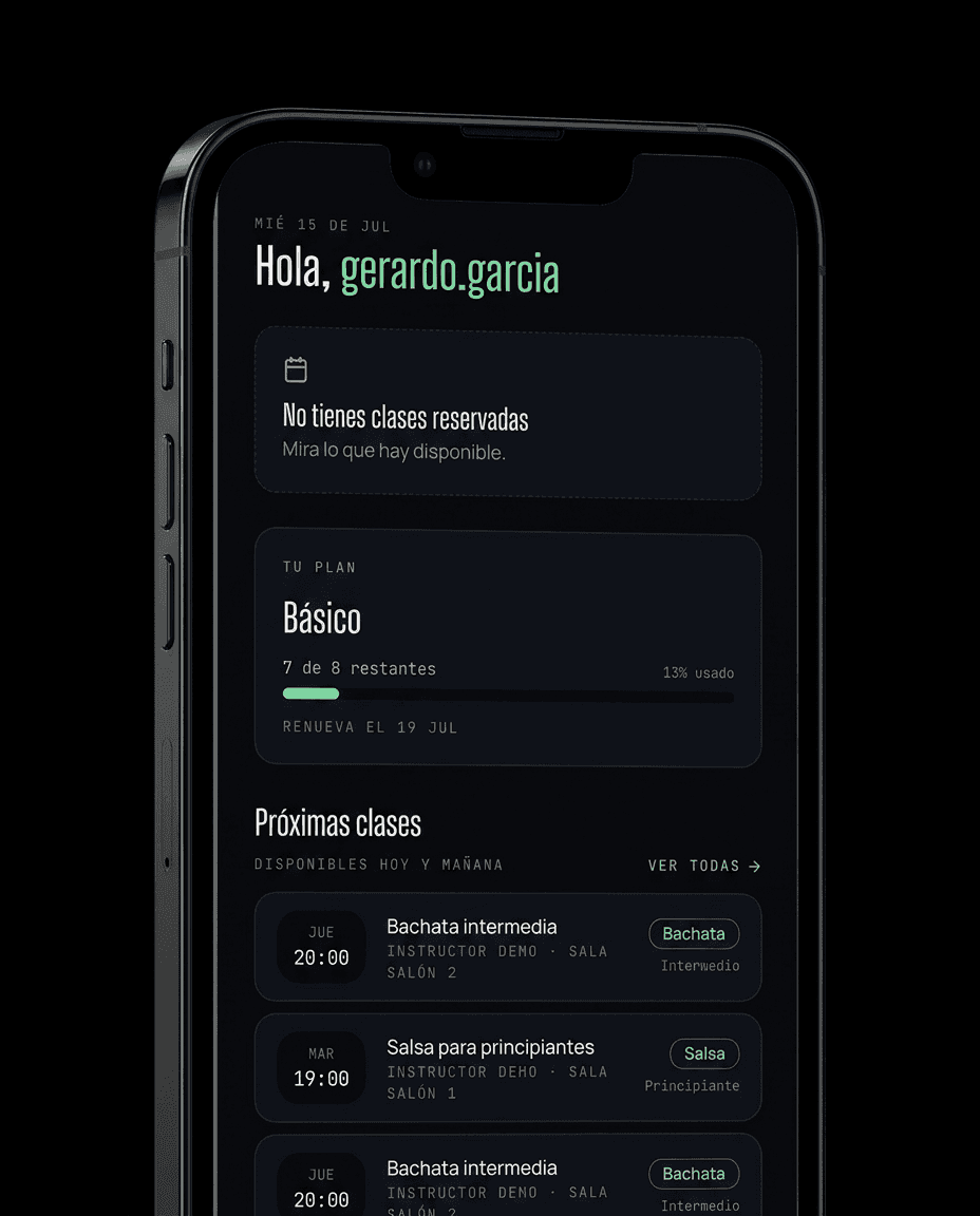 Inicio de la app de alumno de DanceHall