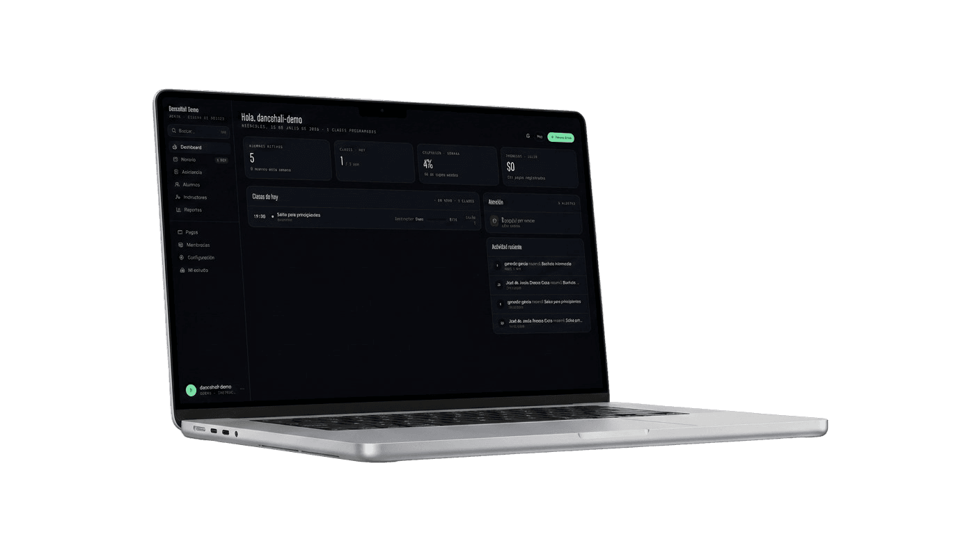 Panel de administración de DanceHall en una laptop