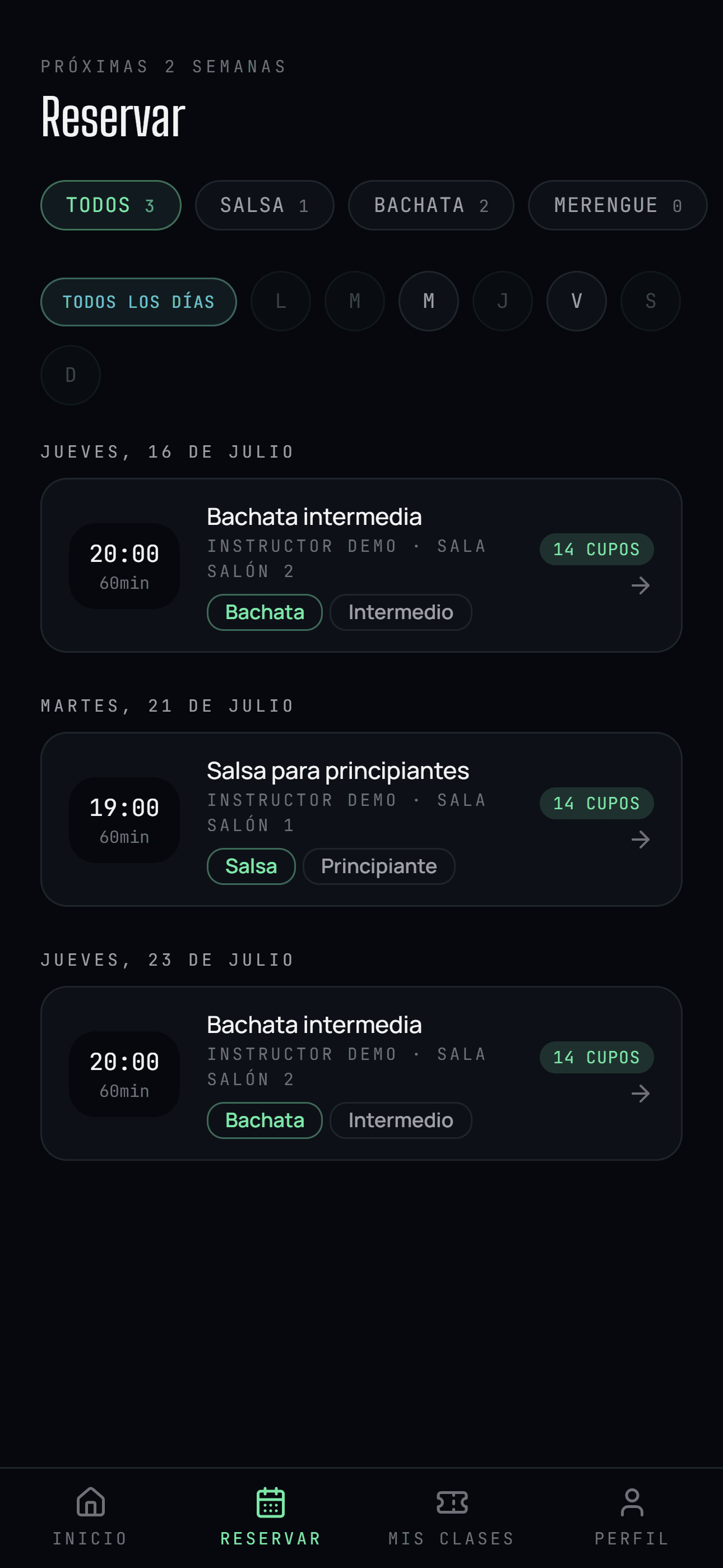 Lista de clases para reservar